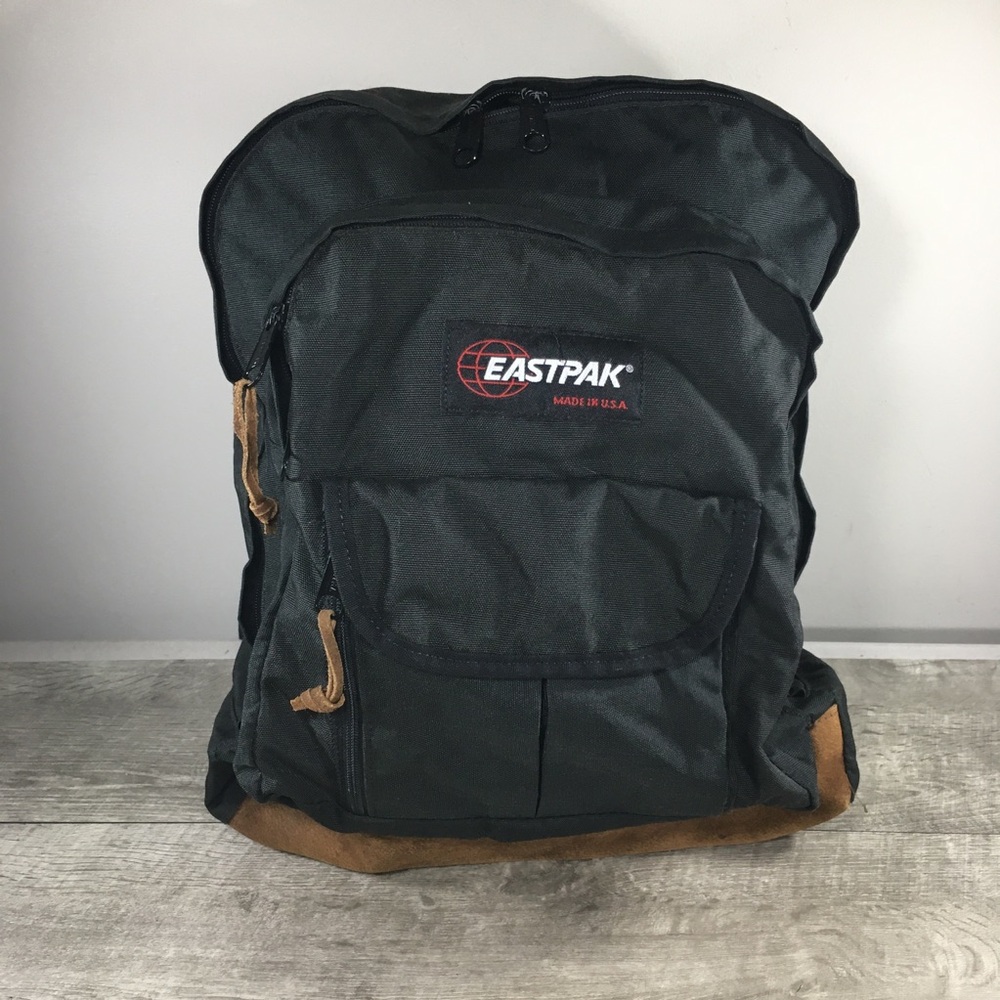 Eastpak Canvas Leather Bottom Backpack Hiking Ruck Bag Day Black 90s Made in USA